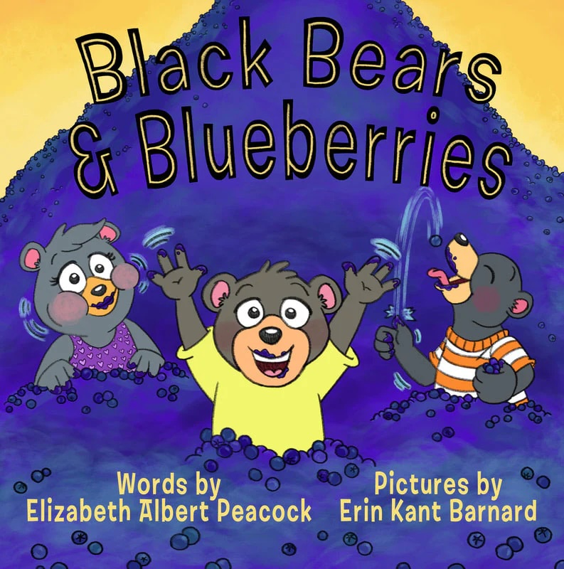 The cover of "Black Bears and Blueberries:" three bears play in a pile of blueberries